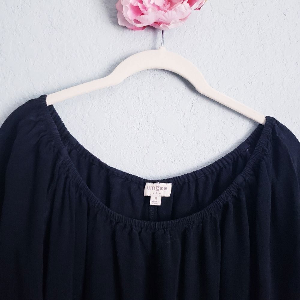 Umgee Black Off Shoulder Raw Hem Bell Sleeve Top - Picture 4 of 7